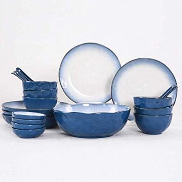 Imagem de Pratos de jantar, utensílios de mesa de cerâmica, 22 peças, conjunto de jantar de porcelana azul, tigelas de cerâmica, prato de jantar, prato de sobremesa, serviço de colher para 6 pessoas