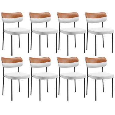 Imagem de Kit 08 Cadeiras Decorativa Para Sala De Jantar Melina L02 Faixa Couríssimo Camel Facto Branco - Lyam Decor