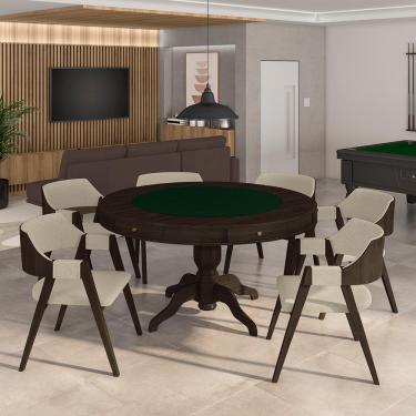 Imagem de Conjunto Mesa de Jogos Carteado Bellagio Tampo Reversível Verde e 6 Cadeiras Madeira Poker Base Estrela Linho OffWhite/Capuccino G42 - Gran Belo