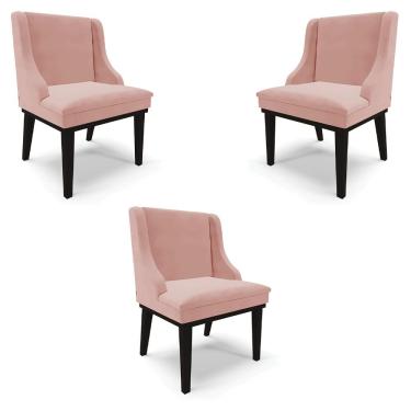 Imagem de Kit 3 Cadeiras Decorativas Sala de Jantar Base Fixa de Madeira Firenze Veludo Rosê/Preto G19 - Gran Belo