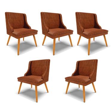 Imagem de Kit 5 Cadeiras Decorativas Sala de Jantar Pés Palito de Madeira Firenze PU Nozes/Natural G19 - Gran Belo