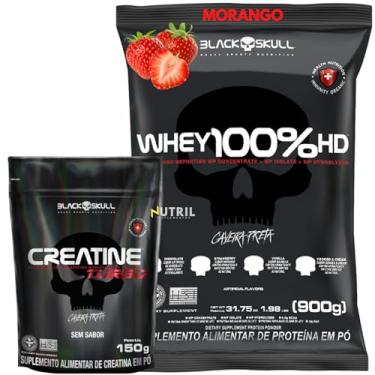 Imagem de Kit WheyProtein 100% + Creatine Turbo Monohidratada 150g - Whey HD Pure 900g Isolado - Hidrolisado - Concentrado Refil - Black Skull (Refil Whey 100% Morango + Creatina 150g)