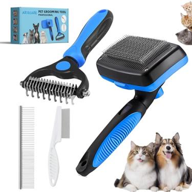 Imagem de Kit de 4 escovas de cuidados para animais de estimação – escova para descamação, escova de remoção de pulgas, pente para animais de estimação de aço inoxidável de 15 cm, ferramenta profissional de