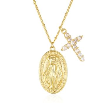 Imagem de KAGREC Colar de medalha milagrosa com cruz para mulheres banhado a ouro 18 K com cruz virgem e maria para ela, Standard, Latão, Sem Pedra Preciosa