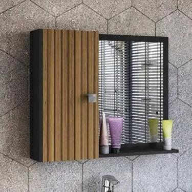 Imagem de Armário Banheiro com Espelho 46x57,5cm – Espelheira Banheiro com Porta e Prateleira Interna – Armário com Espelho MDP Resistente à Água (PRETO/RIPADO)