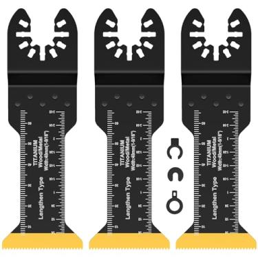 Imagem de RWWPJLLWHR Conjunto de lâminas de serra oscilantes bimetálicas de titânio extralongas de 3 peças, lâminas multiferramentas oscilantes multifuncionais, lâminas de ferramentas oscilantes de corte