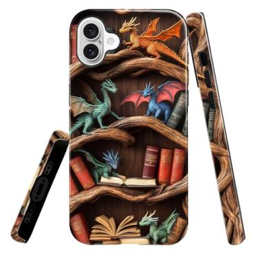 Imagem de heindiy Compatível com iPhone 16 Plus, capa brilhante, proteção total, à prova de choque, anti-arranhões, capa de TPU, capas para homem, mulher, estante de dragão fantasioso