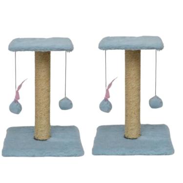 Imagem de Arranhador Para Gatos Pet Poste Sisal Brinquedo Com Bolinha Pena Duas Bases(Kit 2x Azul)