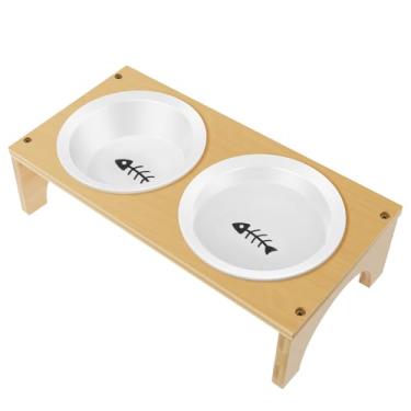 Imagem de Tigela de cerâmica para cães e gatos, tigela de comida e água com suporte de bambu, alimentador lento elevado para cães pequenos (espinha de peixe - cerâmica)