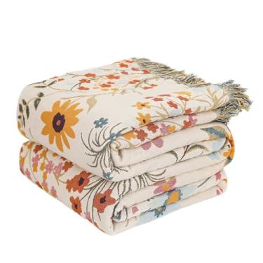 Imagem de LUTBM Cobertor Boho para cama, cobertores de algodão, tamanho solteiro para quarto, sala de estar, todas as estações, leve, floral, bordado, colcha para sofá, poltrona, 152 x 203 cm