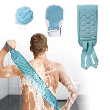 Imagem de 3 peças de esponja de banho esfoliante traseira dupla face lavadora para chuveiro toalha de limpeza profunda, azul
