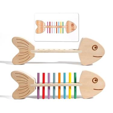 Imagem de Brinquedo Educativo Montessori de Madeira, Peixe Colorido com Pinos, Coordenação Olho-Mão, para Crianças 3+ Anos, 24,5 x 8,8 cm