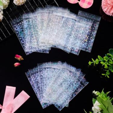 Imagem de 50 peças de saco de celofane a laser coração dupla face selante superior bolsas de armazenamento de presentes retangulares pacote de joias bolsa pingente de embrulho de presente Natal selado tamanho