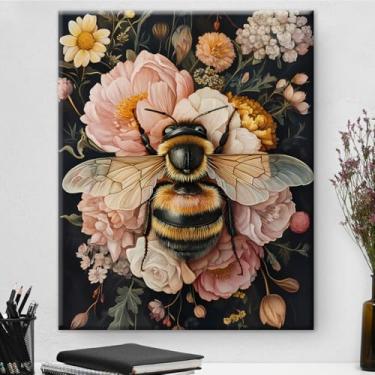 Imagem de Decoração de parede em tela de abelha floral com estampa estética de abelha em flores Dark Academia quadro emoldurado decoração de parede para casa fazenda decoração de sala de estar 20 x 25
