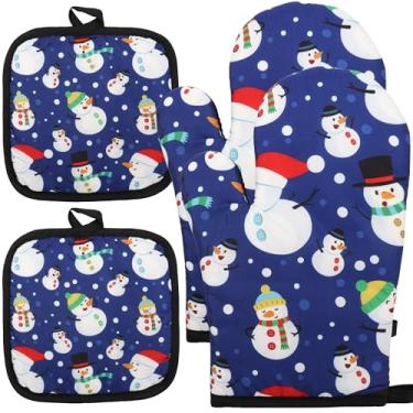 Imagem de Wonmon Conjunto de 4 peças de luvas de forno de Natal e pegadores de panela, luvas de forno de boneco de neve, resistentes ao calor, luvas de cozinha antiderrapantes para Natal, férias, churrasco