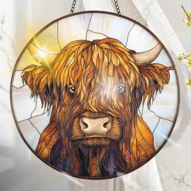 Imagem de Apanhador solar de acrílico colorido, decoração de janela suspensa de gado com design de vitral impresso, apanhador de sol, arte de parede de arco-íris, ideia de presente e ornamento de jardim, uso