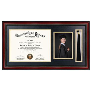 Imagem de GraduationMall Moldura de diploma cereja 28 x 55 cm com suporte de borla e imagem para certificado de foto de 21 x 27 cm, vidro temperado, preto sobre tapete dourado