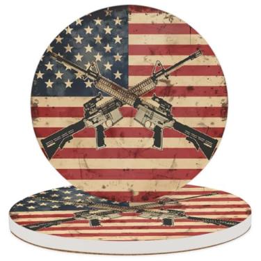 Imagem de 2 peças porta-copos de cerâmica absorvente porta-copos retrô bandeira americana soldado arma mesa redonda copo de café vinho cerveja bar porta-copos presente de inauguração de casa