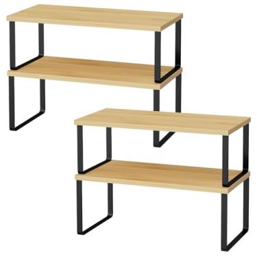 Imagem de OGEMXU Organizadores de prateleira de armário, prateleira grande de balcão de cozinha de 39,9 cm, conjunto de 4 prateleiras de armazenamento de despensa de madeira para rack de especiarias, cafeteria,