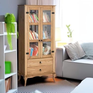 Imagem de Cristaleira Rústica Madeira Maciça 2 Gavetas Portas de Vidro Mel