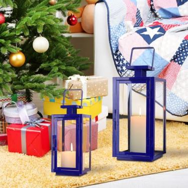 Imagem de DECORKEY Lanterna decorativa para ambientes externos e internos, conjunto de 2 lanternas de vela de metal azul, castiçais modernos para pendurar / mesa para casa, varanda, pátio, casamento, Natal