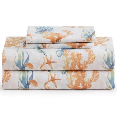 Imagem de Caribbean Joe Conjunto de lençóis de microfibra com estampa costeira, macio, confortável, bolsos profundos de 30,5 cm, King, Sunrise Sealife