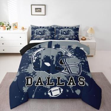 Imagem de Feelyou Conjunto de cama Dallas macio para meninos e meninas, tamanho solteiro, futebol americano, cidade, edredom de microfibra, 2 peças com 1 fronha