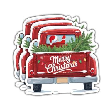 Imagem de 3 peças vintage caminhão vermelho Feliz Natal, decalque de vinil de caminhão de fazenda de férias com árvore e presentes, decoração de Natal country para laptops, garrafas de água e cartões de Natal