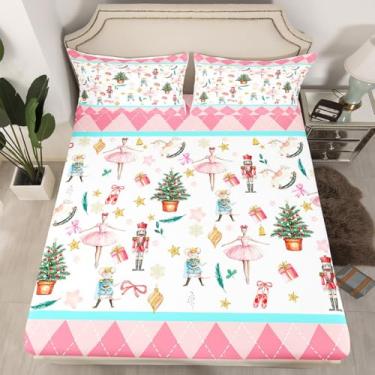 Imagem de Jogo de lençol Queen com estampa de quebra-nozes, Natal, guardião real, bailarino, princesa, com bolsos profundos, rosa e búfalo, xadrez, 2 fronhas, sem lençol de cima