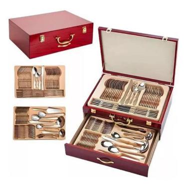 Imagem de Faqueiro Inox 84 Peças Detalhe Dourado Luxo