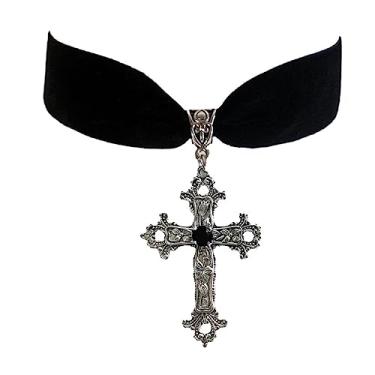 Imagem de KANGQL Colar, colar exclusivo com pingente de cruz gótico estilo vintage veludo preto crucifixo gargantilha joia de bruxa acessório presente