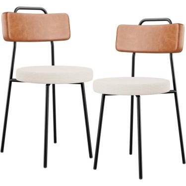 Imagem de Kit 02 Cadeiras Decorativas Estofada Sala De Jantar Barcelona L02 Couríssimo Camel Linho Cru