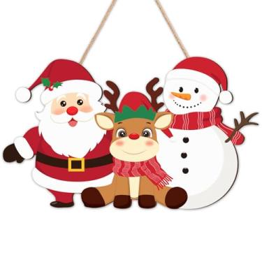 Imagem de Placa de porta de feliz Natal, rena de madeira, Papai Noel, boneco de neve, guirlanda de porta de Natal, decorações de pendurar para decoração de parede de varanda (fofa)