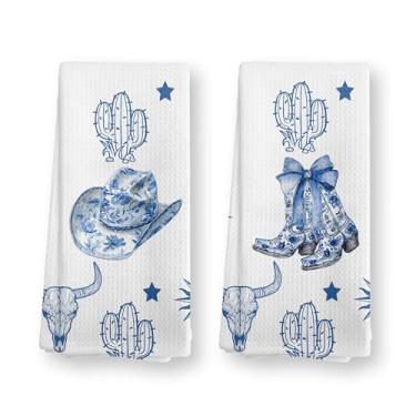 Imagem de TopXmai Conjunto de 2 toalhas de cozinha ocidentais chinoiserie azul, chapéu de bota de vaqueira costeira ocidental moderno, toalhas de chá para decoração de cozinha, toalha de mão country sudoeste
