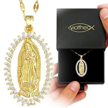 Imagem de Viatheo Colar com pingente de Virgem Maria para mulheres – Pingente de Nossa Senhora de Guadalupe em tom dourado – Presente elegante de joias abençoadas – Colar Católica Virgem de Guadalupe Cadena