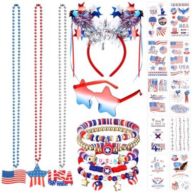 Imagem de 20 peças de acessórios para lembrancinhas de festa de 4 de julho, incluem 1 faixa de cabeça, 3 colares de contas vermelhas, brancas e azuis, 1 óculos de sol, 5 pulseiras e 10 adesivos para celebrações