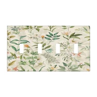 Imagem de DWBGUO Capa decorativa de placa de interruptor com folha verde rústica floral botânica design de cena de campo 4 gangues placa de parede artística exclusiva quadriciclo interruptores de luz para