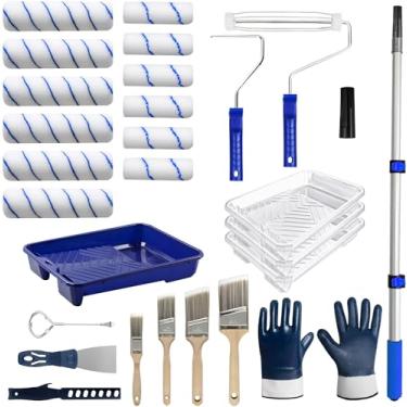 Imagem de AURIXUS Kit de rolo de pintura de 28 peças com haste de extensão, rolo de pintura de 10 cm e 9 polegadas, incluindo luvas, bandeja de tinta, pincel plano, raspador, etc., para pintura profissional de