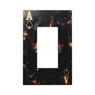 Imagem de Nadoabtm Capas de tomada decorativas placa de parede preto dourado chama ás de espadas 1 gangue interruptor de luz única placa de cobertura placas de parede GFCI placa frontal para quarto decoração de