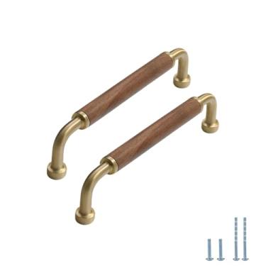 Imagem de Evionlin Cilindro de latão escovado 2 peças puxador de armário de nogueira de 10,7 cm retrô puxadores de porta de madeira maciça, usado para gavetas de armário de cozinha