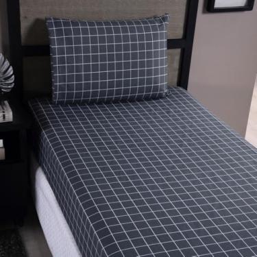 Imagem de Jogo de Lençol Grid em Percal 200 Fios, 2 Peças para Solteiro, Estampa Quadriculada, com Lençol Elástico e Fronha (Cinza Escuro)