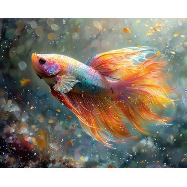 Imagem de VNUIEHG Pintura por número para adultos, peixe colorido de barbatana arco-íris, pintura a óleo para iniciantes, kit de pintura acrílica faça você mesmo para decoração de quarto, presente 40 x 50 cm