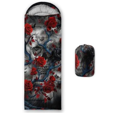 Imagem de QOOMO Sacos de dormir à prova d'água com caveira rosa vermelha para adultos e crianças, sacos de dormir impressos para acampamento, viagens e ao ar livre, equipamentos de acampamento, 78,7 x 228,6 cm