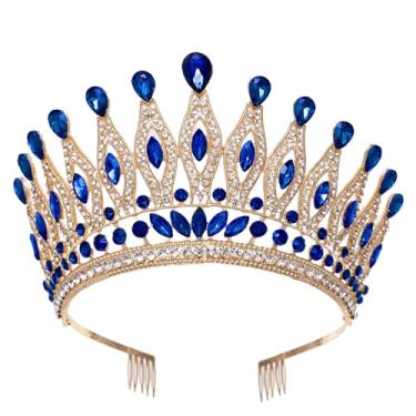 Imagem de YIXIANGPING Tiaras e coroas para mulheres, tiara de casamento para noiva, coroa de rainha de strass, acessórios de cabelo de fantasia de cristal para aniversário e formatura coroa com pentes (azul)