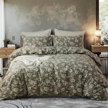 Imagem de Cozaline Conjunto de capa de edredom 100% algodão Queen – Conjunto de cama com estampa botânica clássica verde escuro, 3 peças, capa de edredom macia respirável com fecho de zíper, conjunto de cama