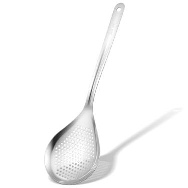 Imagem de Escumadeira escumadeira, escumadeira grande de aço inoxidável de 35 cm, coador de aranha, colheres de escumadeira com furos para pendurar na cozinha, fritar e escorrer