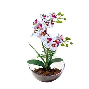 Imagem de Planta Artificial – Arranjo de Orquídeas Real Toque em Vaso Lua para Decoração de Casa e Escritório(Branca Rajada)