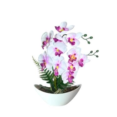 Imagem de Arranjo de Orquídea Artificial Luxuoso com Vaso Barca em Melamina - Decoração Sofisticada para Ambientes Internos e Externos(Branca Rosa)
