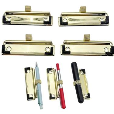 Imagem de Aliviitsi Clipe dourado para prancheta com pés de borracha, clipe de prancheta com suporte de caneta, para sala de aula, notebook, pranchetas dobráveis e armazenadas (4 peças)