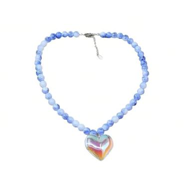 Imagem de Colar de coração de vidro grosso, colar colorido com contas de coração, gargantilha, colares de porcelana azul e branco, colares de cristal de corações inchados para mulheres, Middle, Vidro, Sem Pedra
